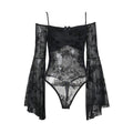 Dark Style Off-shoulder Flocking Top Fashion Sexy See-through Slim Fit Jumpsuit