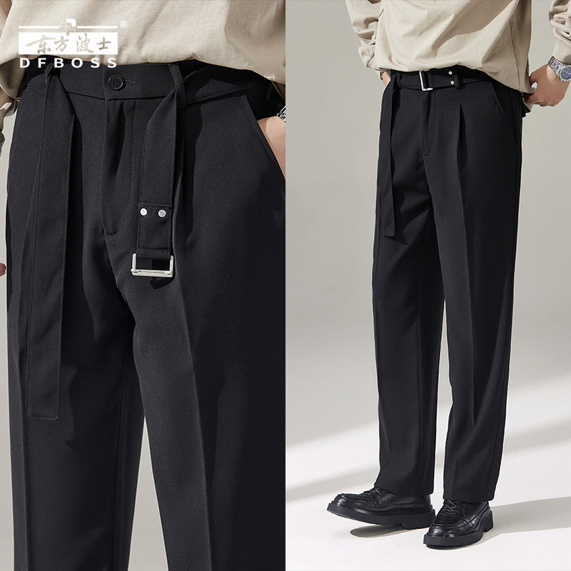Pantaloni eleganti da uomo Valstrend con cintura staccabile, taglio ampio e ganciere, pantaloni da giacca con drappeggio.