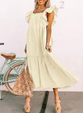 Vestito donna Valstrend con colletto quadrato, spalle scoperte e gonna plissettata, elegante e alla moda.