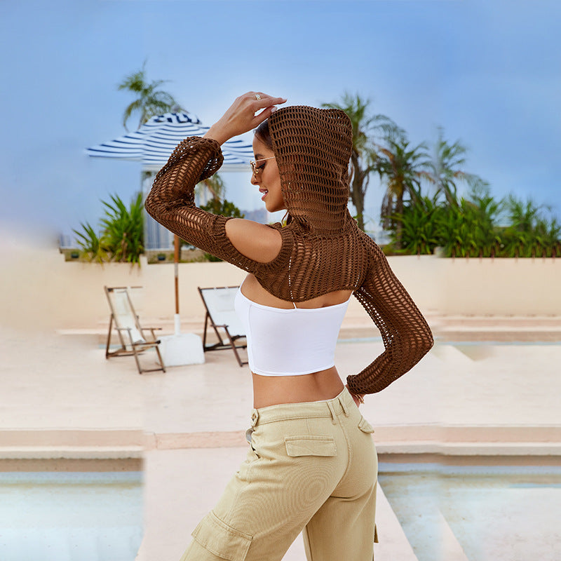 Costume da bagno bikini a tinta unita in maglia traforata Valstrend, protezione solare, abbigliamento esterno estivo, stile casual.