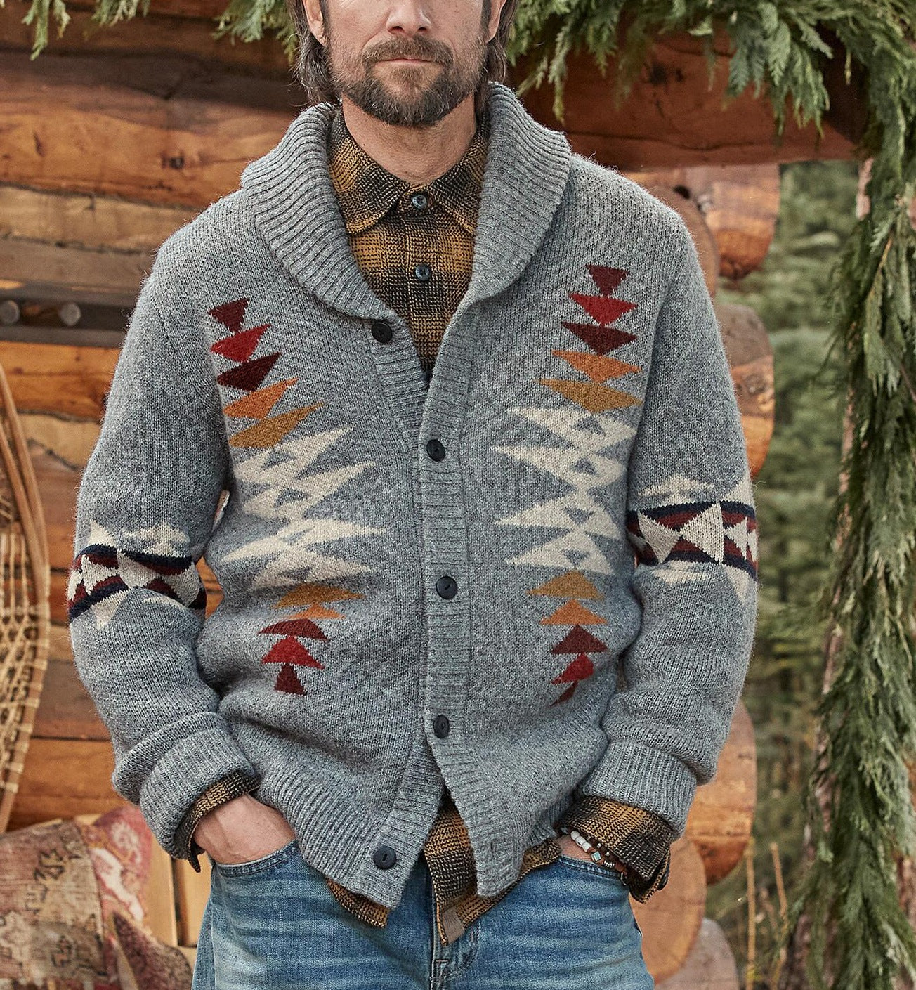 Maglione da uomo Valstrend con motivo jacquard, collo a gambiera e maniche lunghe, stile cardigan caldo e elegante.