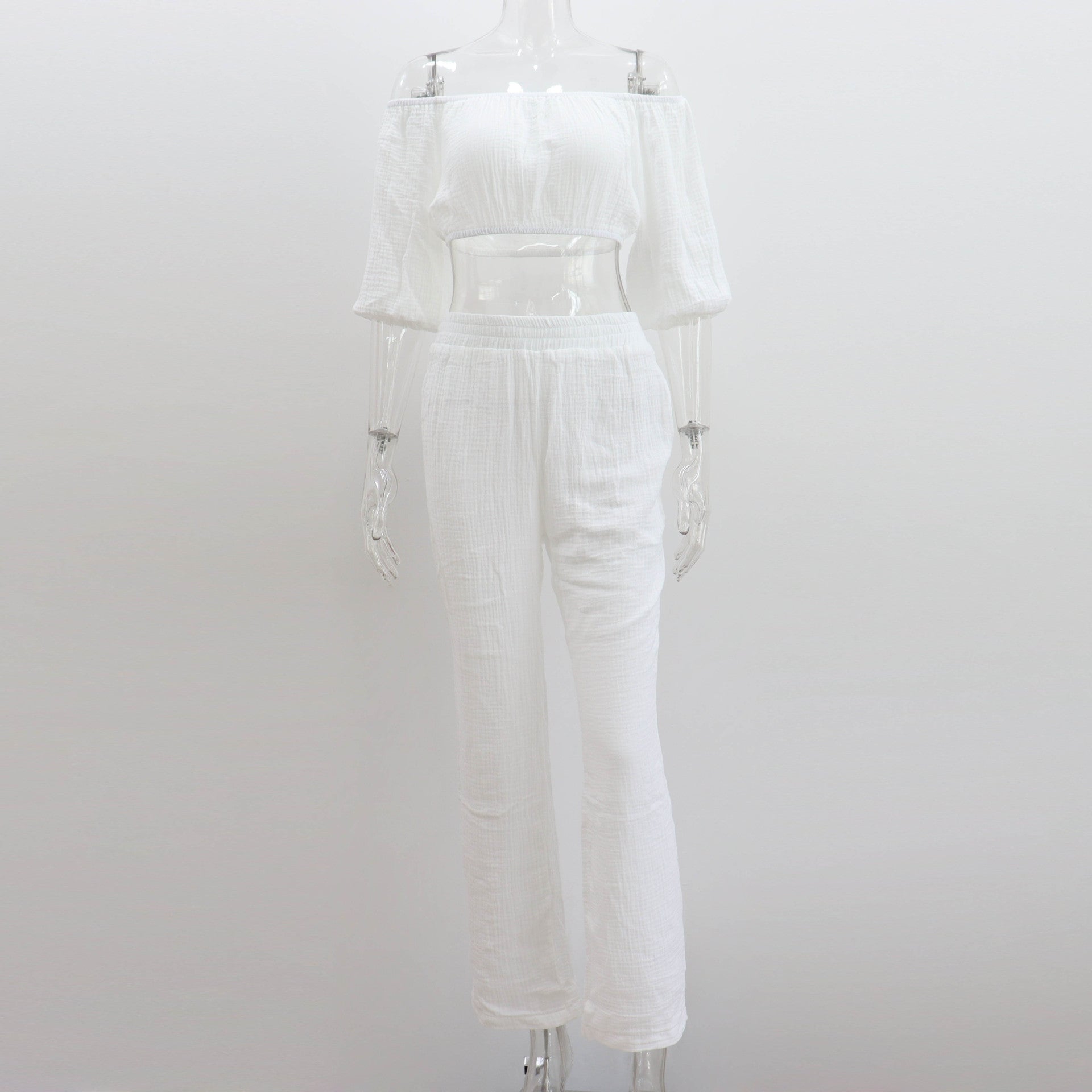 Tuta casual da donna Valstrend con top a spalle scoperte in cotone e pantaloni a gamba larga in tinta unita, stile estivo.