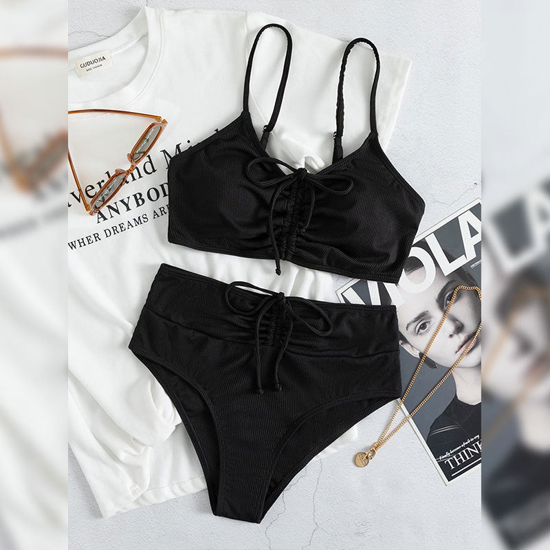 Bikini da donna Valstrend Shop, costume a due pezzi con slip alto e vita alta, stile sling e taglio diviso, in tessuto leggero.