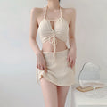 Costume da bagno donna bikini tre pezzi con dettagli in pizzo e laccio, stile wind suit, marchio Valstrend.