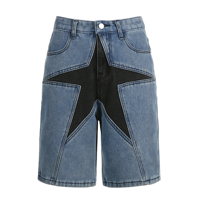 Jeans femminili Valstrend con patchwork a stella cinque punte in colori contrastanti, stile moderno e alla moda.