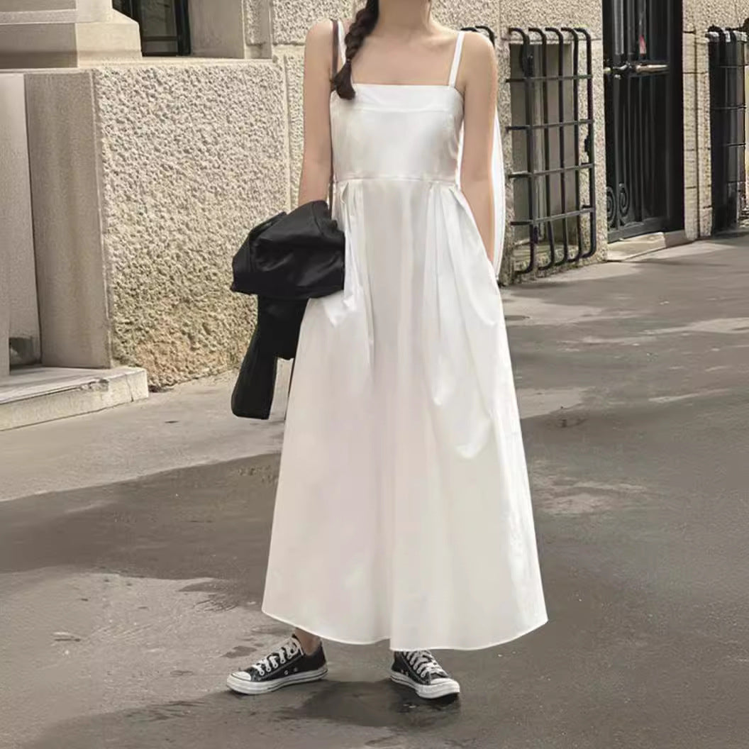 Vestito lungo slim in stile coreano con coulisse in tessuto solido, marca Valstrend, senza maniche e vestibilità aderente