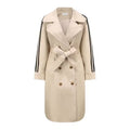 Cappotto trench da donna vintage a righe, lunghezza media, stile classico, firmato Valstrend shop, fronte con bottoni e cintura.
