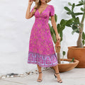 Vestito corto con maniche a V, stile bohemien e vintage con stampa floreale, marca Valstrend, ideale per spiaggia e occasioni estive