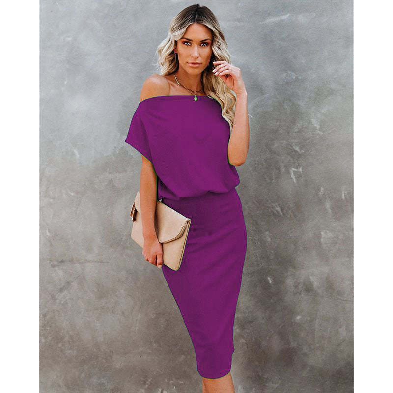 Vestito donna Valstrend, abito casual a maniche corte, scollo off-shoulder, vita aderente e gonna a tubino elegante.