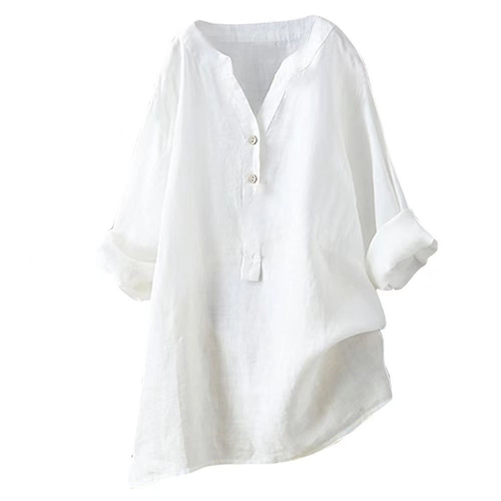 Top in cotone e lino di Valstrend, camicia a maniche lunghe con colletto a stand e bottoni, in tinta unita e stile casual.