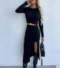 Vestito lungo a maniche lunghe con spacco e vestibilità aderente, donna, marca Valstrend, abbigliamento elegante e comodo.