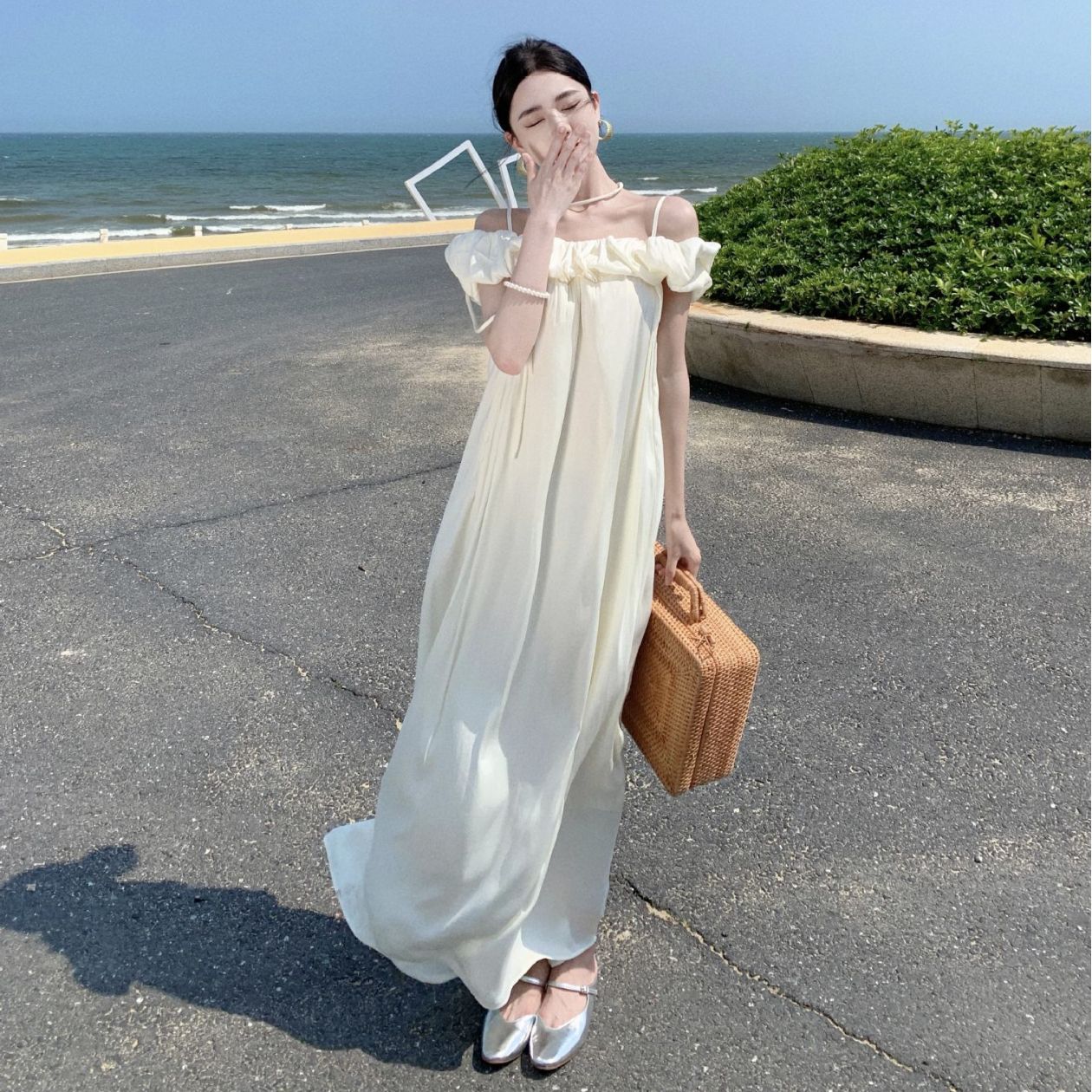 French Tea Break Strap Ruffled Off-shoulder Temperament Long Dress