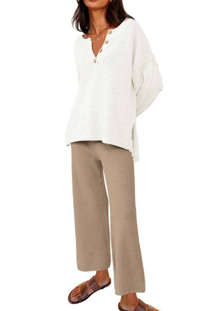 Completo donna Valstrend con top e pantaloni larghi in tinta unita, abbigliamento casual e comodo per il tempo libero