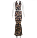 Completo da giacca con stampa leopardo, lacci in legno, vestito in tessuto leggero, stile alla moda, marca Valstrend.