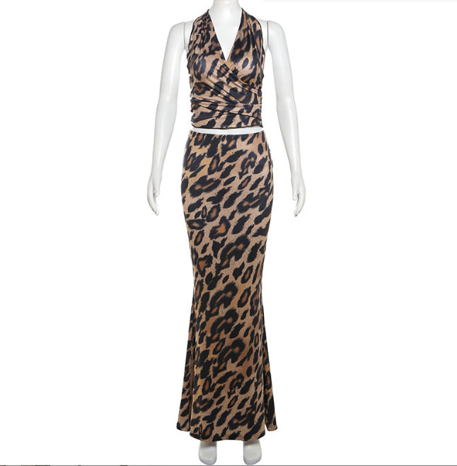 Completo da giacca con stampa leopardo, lacci in legno, vestito in tessuto leggero, stile alla moda, marca Valstrend.