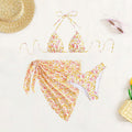 Costume da bagno bikini tre pezzi donna Valstrend con stampa colorata, copertura solare e dettagli eleganti.
