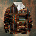 Tribal Pattern Peripheral 3D Digital Printing Casual Stand Collar Half Zipped Round Neck Bathroom
