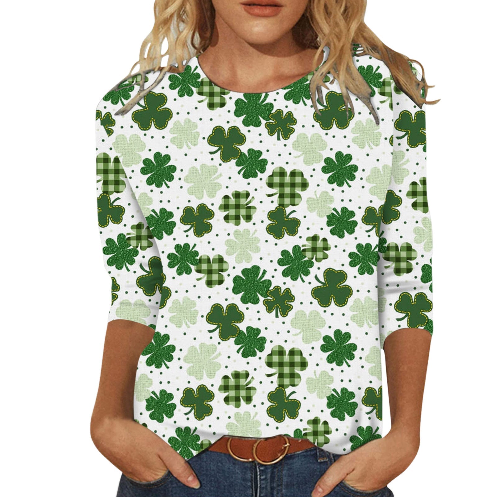 T-shirt verde a maniche corte con stampa digitale rotonda, marca Valstrend shop, vista frontale in dettaglio