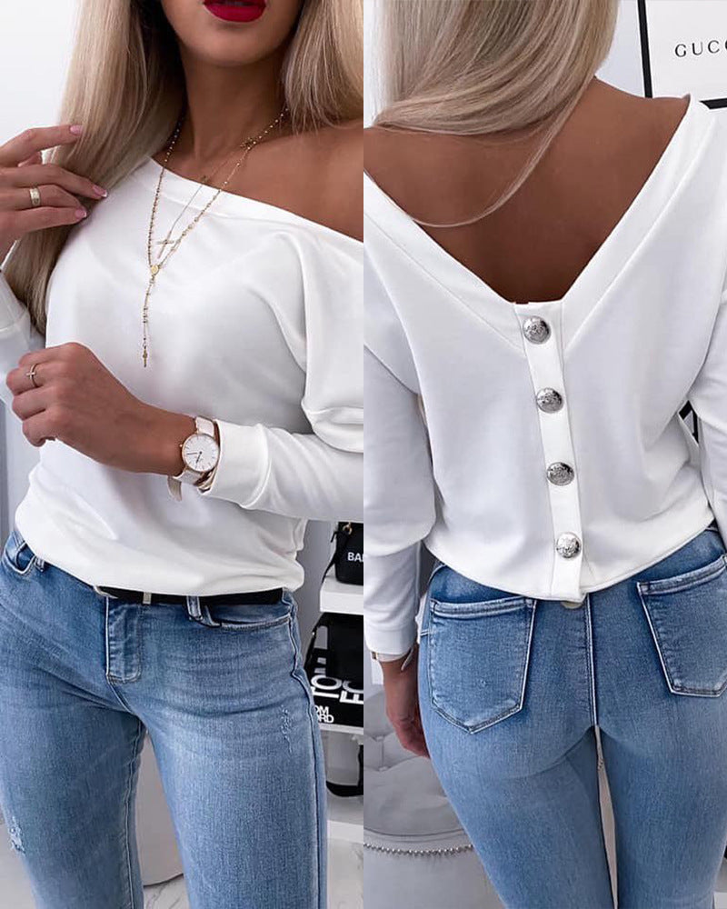 Top donna bianco senza schiena, maglia a maniche lunghe Valstrend, vestibilità elegante e stile moderno
