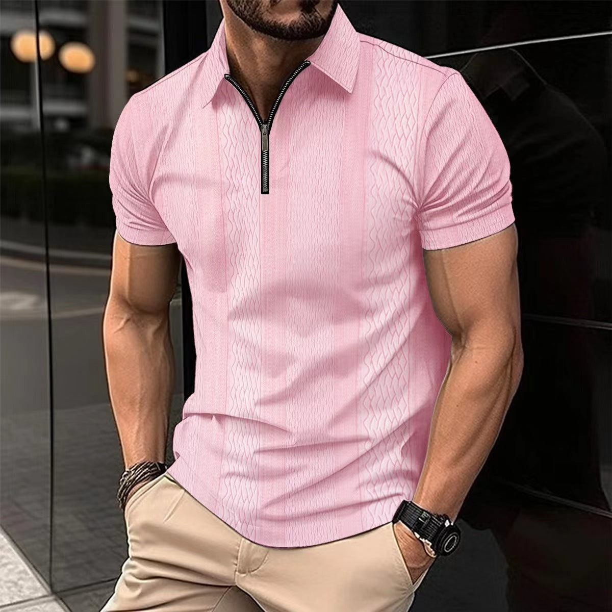 Camicia polo da uomo Valstrend con stampa, colletto a revers, bottoni e design casual, vista frontale.