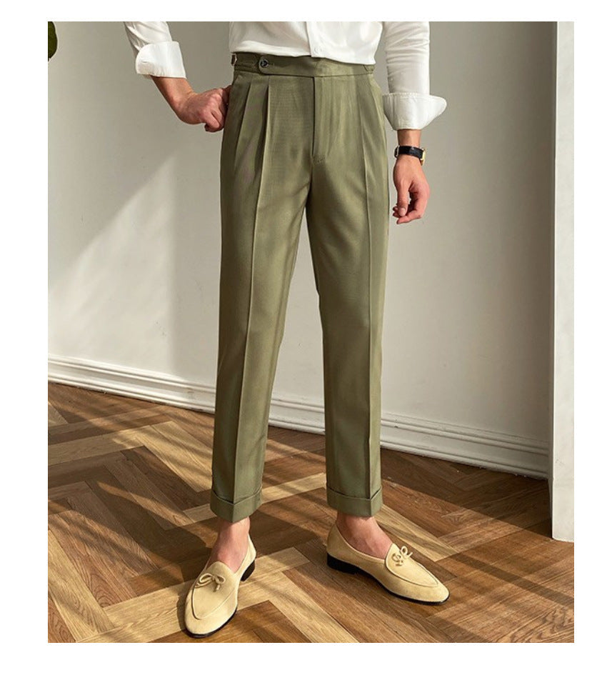 Pantaloni casual da uomo Valstrend, stile retro sottile con cintura a fibbia, taglio dritto, in tessuto leggero color beige.