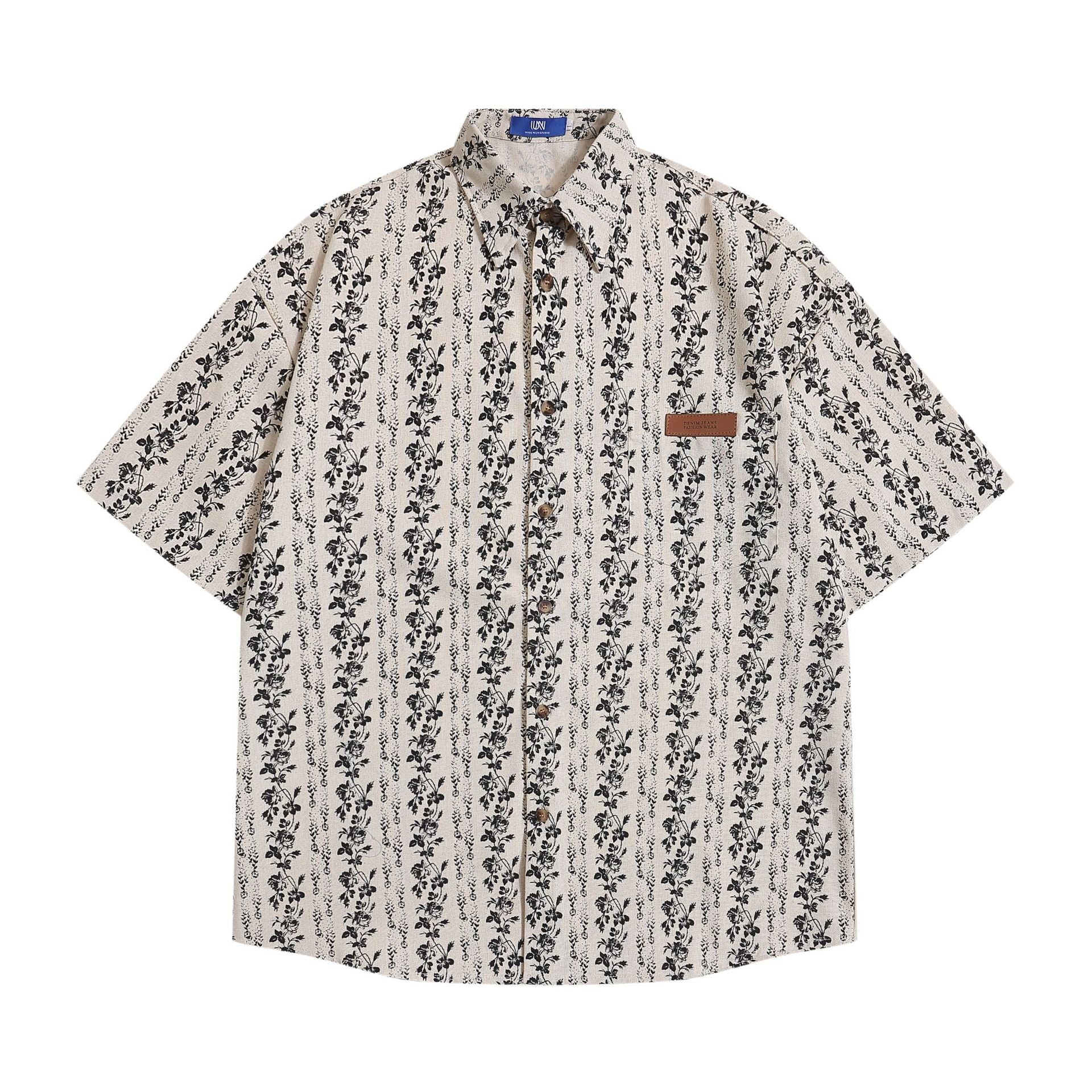 Camicia corta a righe verticali con piccoli fiori, maniche corte e vestibilità morbida, marca Valstrend shop.
