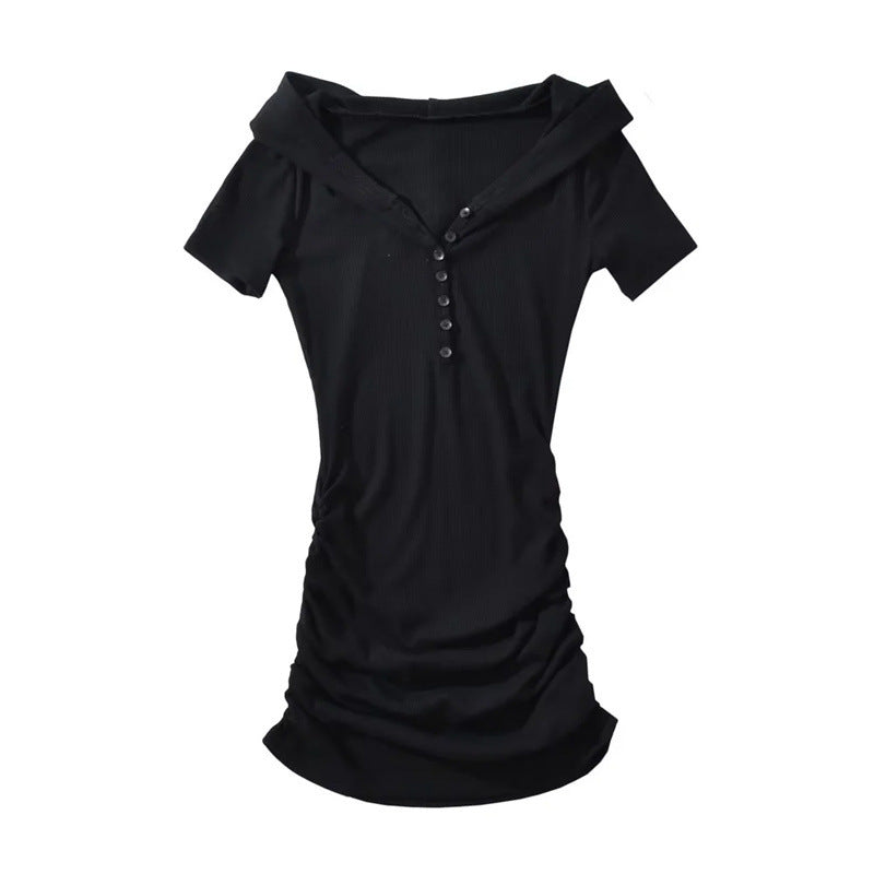 Ins Hot Girl Sexy Show Decorated Row Button Short Sleeve Dress