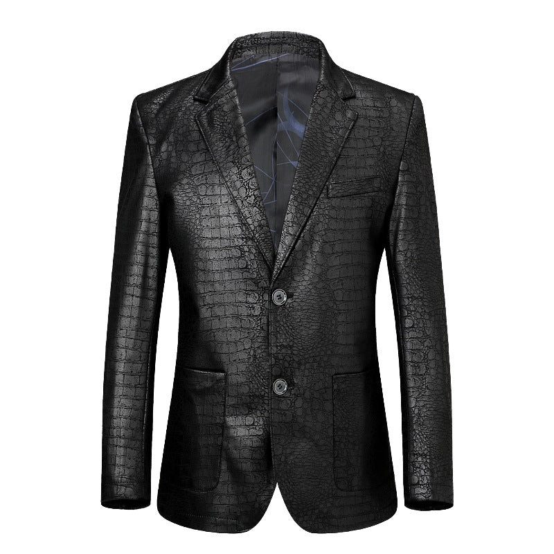 Giacca da uomo in pelle con colletto da completo, modello singolo petto, motivo crocodile, marca Valstrend.
