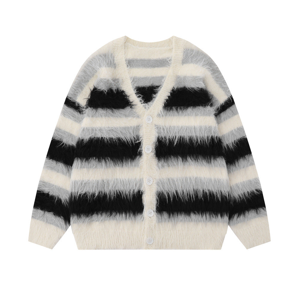 Maglione coat a righe con collo a V e interno in pile, ideale per autunno e inverno, marchio Valstrend Shop
