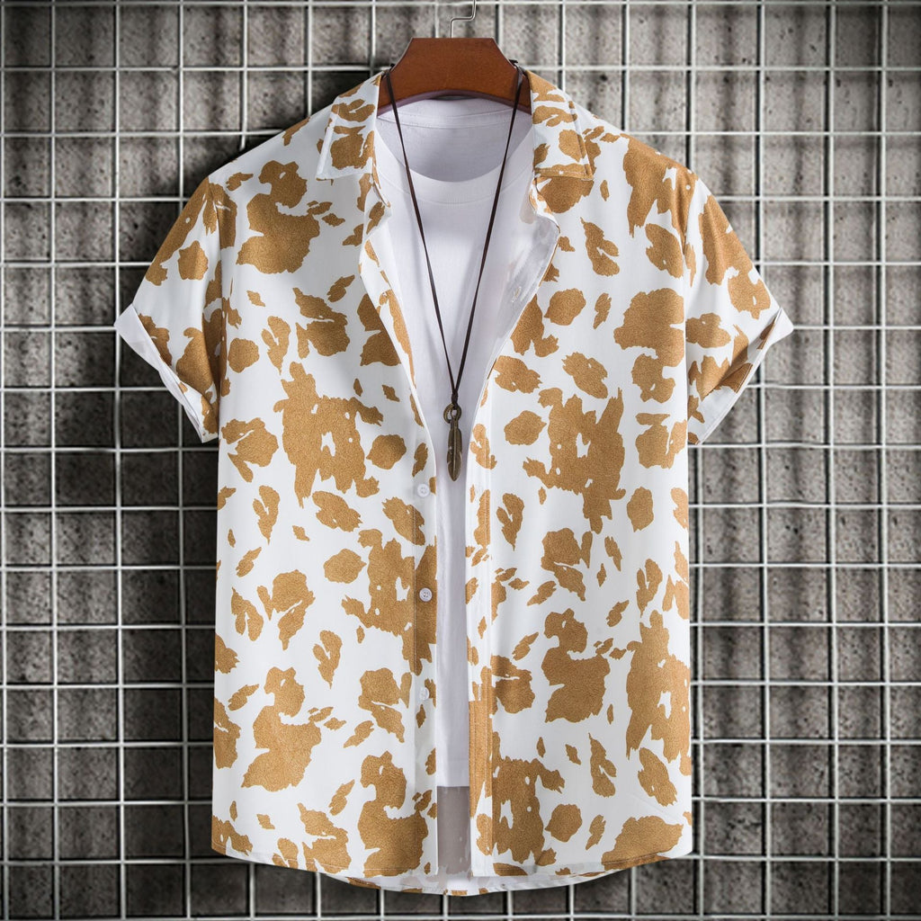 Camicia da uomo slim fit con stampa a maniche corte, marca Valstrend, tessuto leggero e moderno, vista frontale.