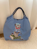Borsa shopper con ricamo di gatto pittore giapponese, stile artistico e dettagli colorati, marca Valstrend shop.