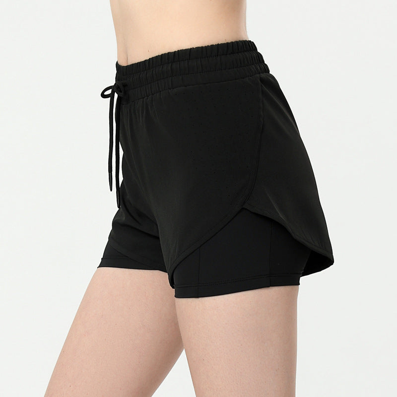 Shorts sportivi femminili Valstrend, due pezzi, anti-sguardo, look sportivo e comodo, immagine che mostra il design e il tessuto.