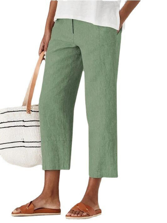 Pantaloni harem a vita alta in cotone e lino di colore solido, stile leggero e confortevole, di marca Valstrend shop