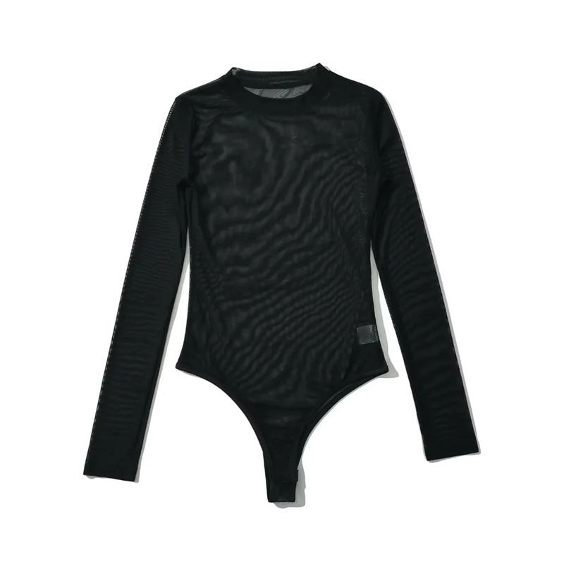 Niche Hot Girl Round Neck Long Sleeve Mesh Transparent Jumpsuit