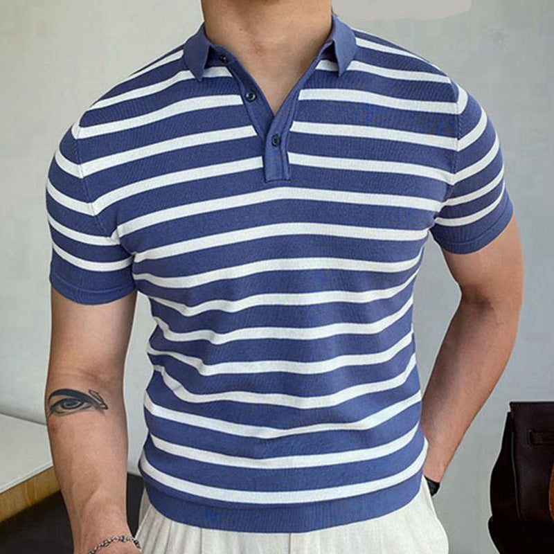 Camicia polo da uomo blu a righe per lavoro, marca Valstrend, tessuto morbido e stile elegante.