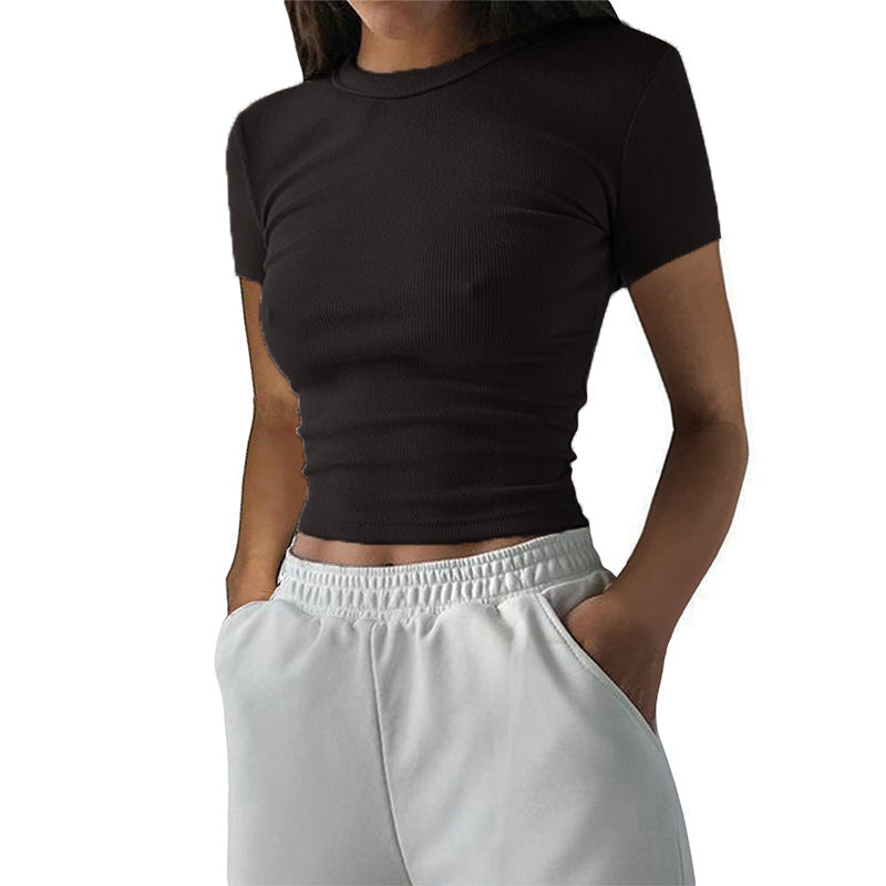 T-shirt donna basic in stile a coste Valstrend, tessuto morbido e comodo, colore neutro, vista frontale
