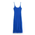 Solid Color Pullover U Collar Decorated Tassel Knitted Sling Length Dress