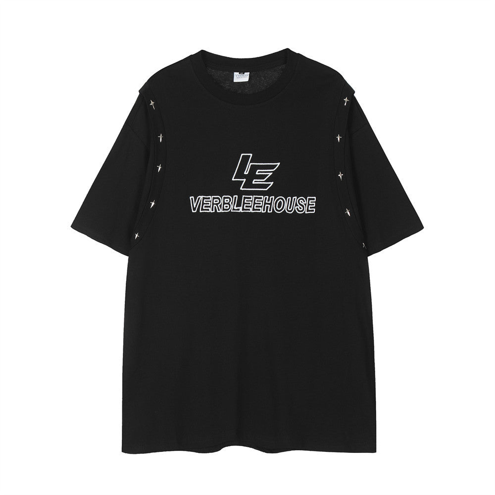 Letter Embroidery Nail Loose T-shirt