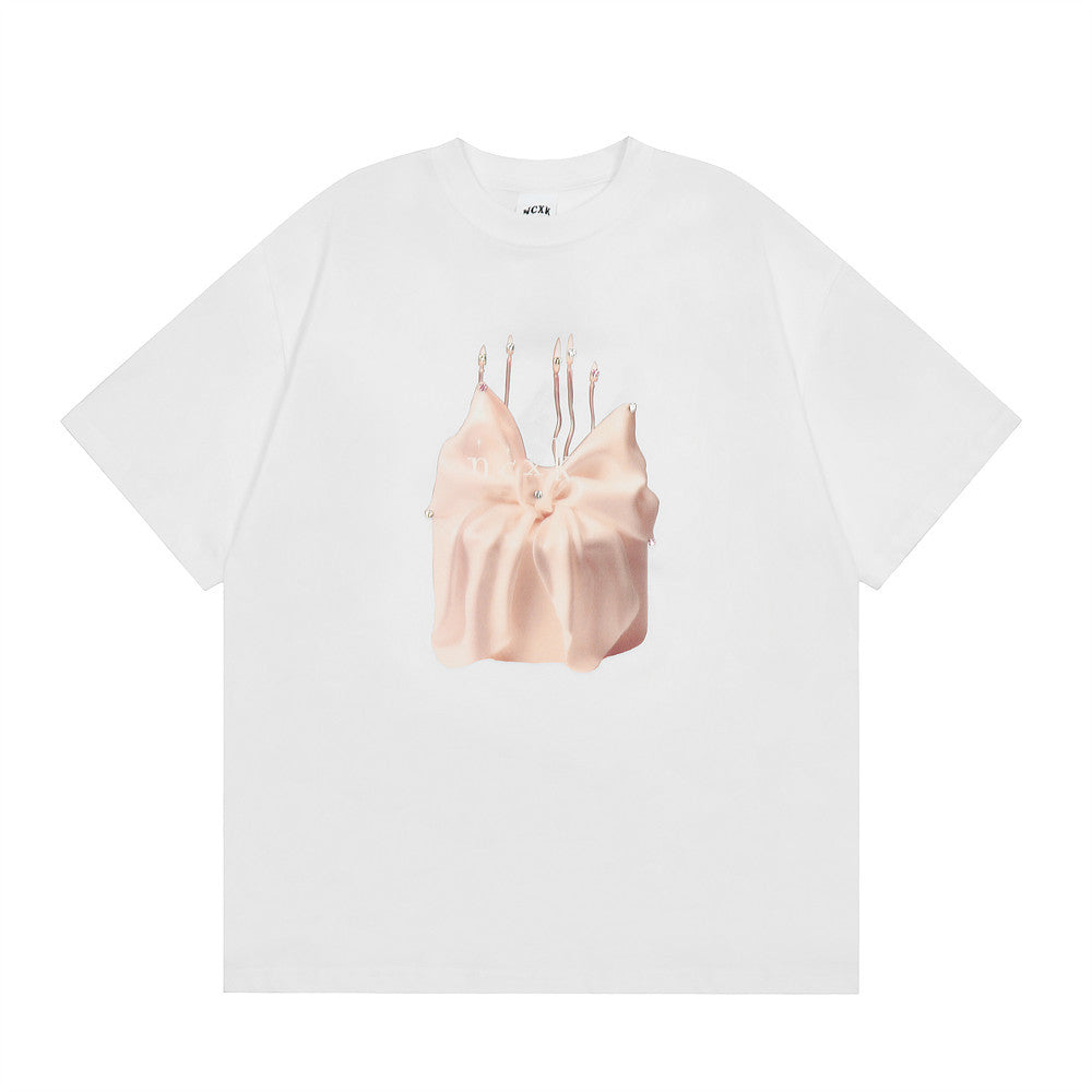 Bow Cake Pattern Printing Rhinestone Short Sleeve