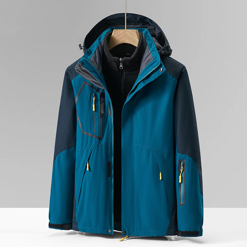 Giacca da montagna tre-in-uno in pile outdoor spessa, abbigliamento da alpinismo Valstrend, cappuccio e tasche visibili