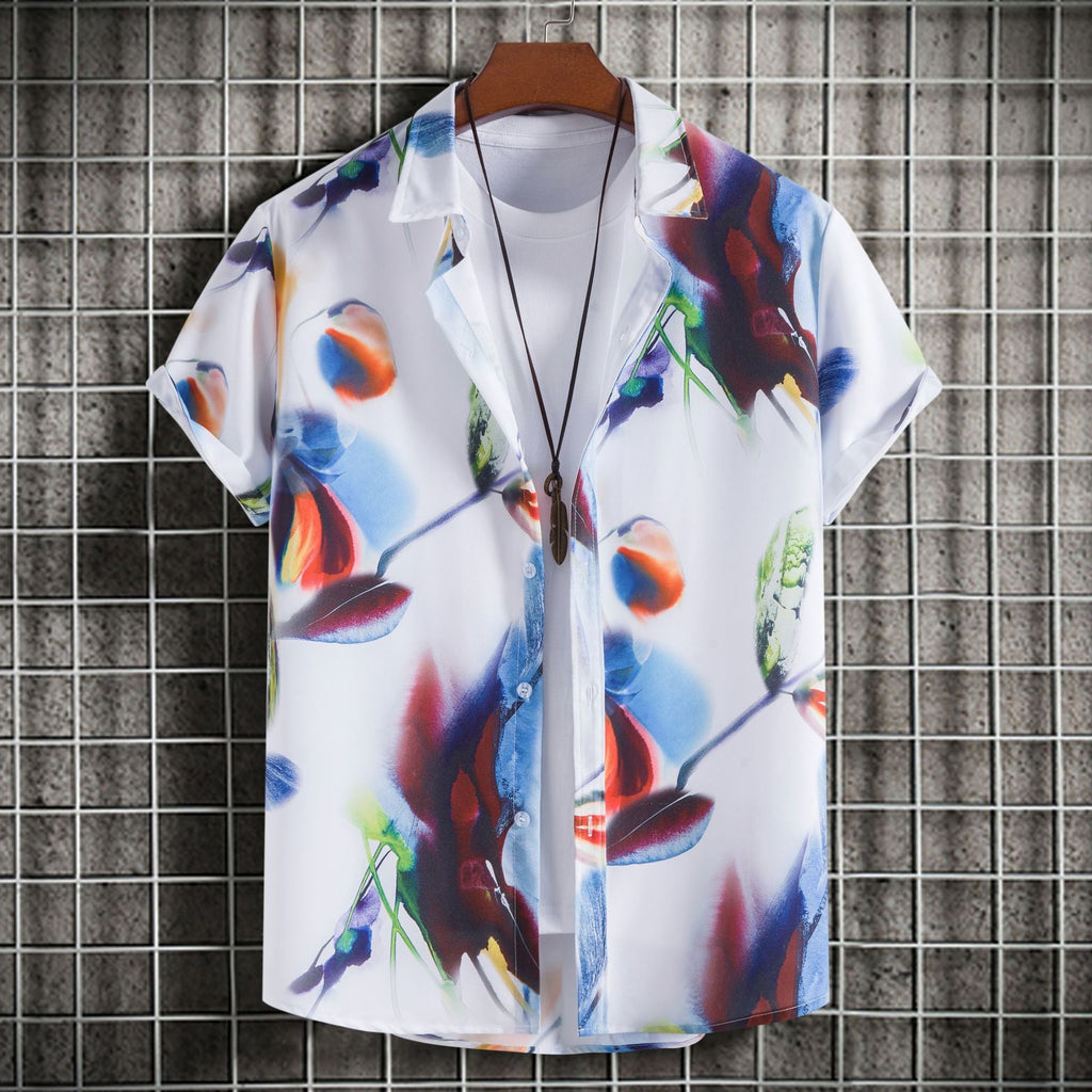 Camicia uomo slim fit stampata a maniche corte Valstrend, dettagli colorati e stile moderno, vista frontale.