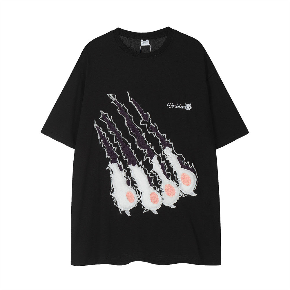 Cat Paw Scratch Flocking Embroidered Loose T-shirt