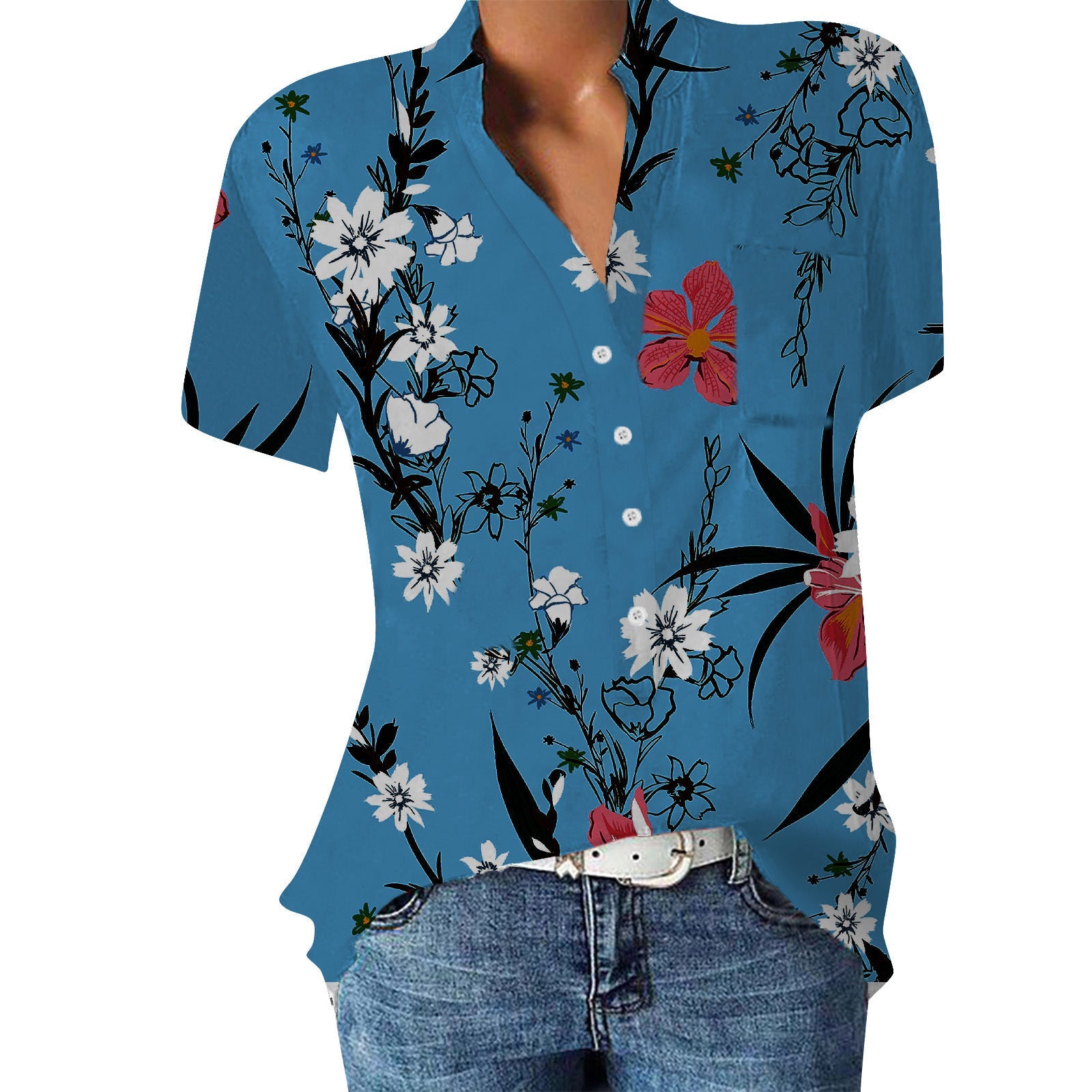 Camicia femminile Valstrend con scollo a V, stampa floreale, maniche corte e tessuto leggero, ideale per la primavera.