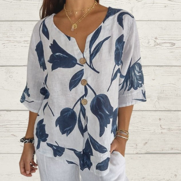 Camicia pullover Valstrend in cotone e lino con scollo a V e maniche corte, con stampa a motivo.