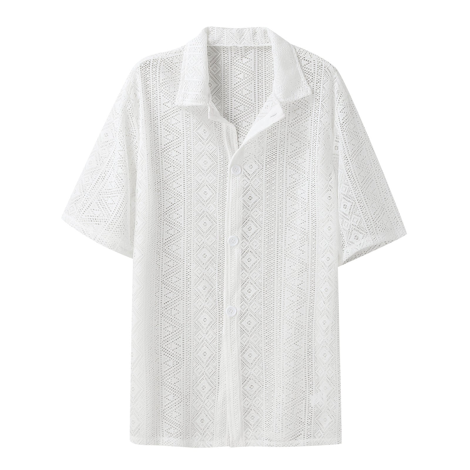 Camicia a maniche corte in pizzo trasparente a rete, stile europeo e americano, marca Valstrend, tessuto color solid.