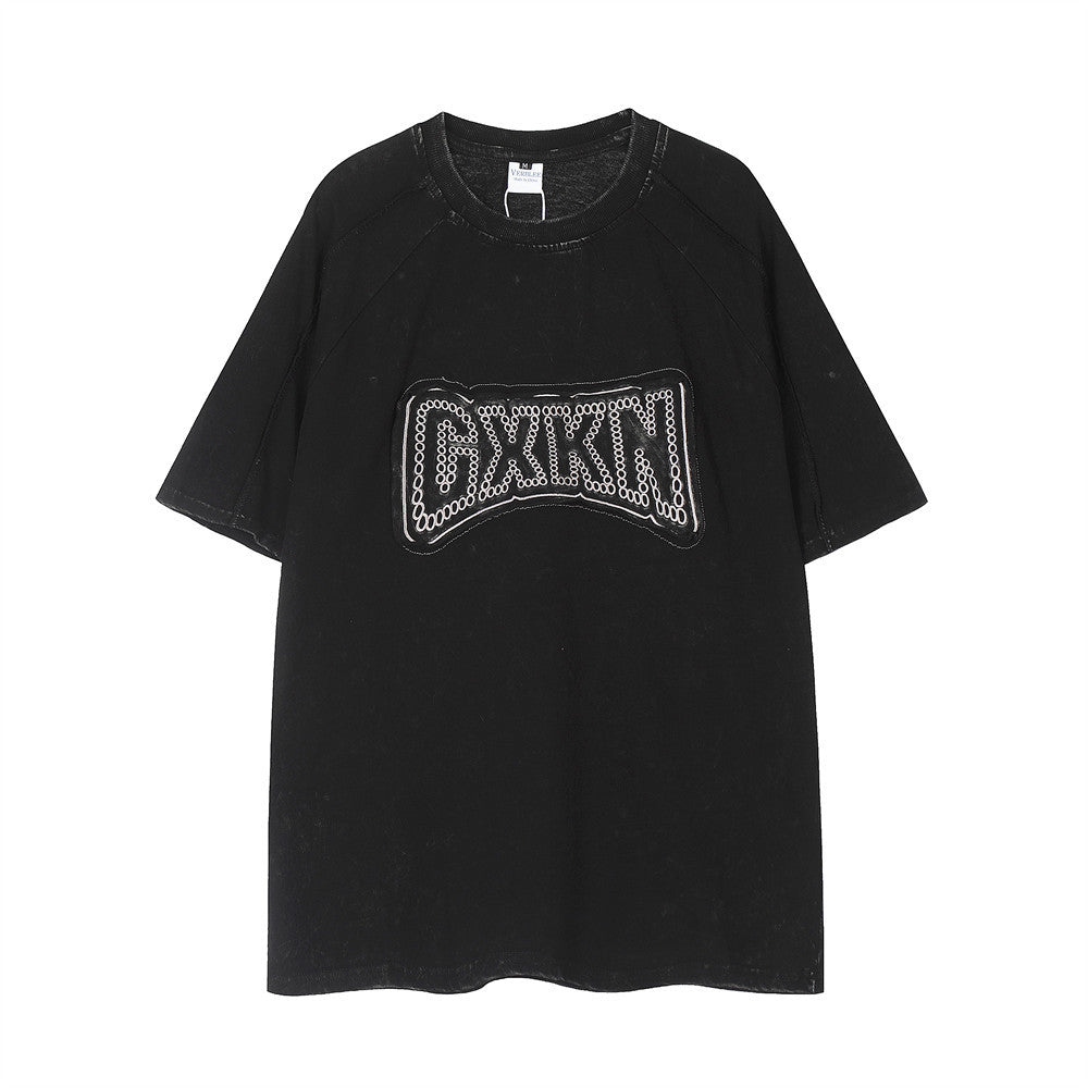 Letter Patch Embroidered Washed And Worn T-shirt