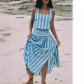 Blue Striped Retro Elegant Slimming A- Line Vacation Style Large Swing Skirt