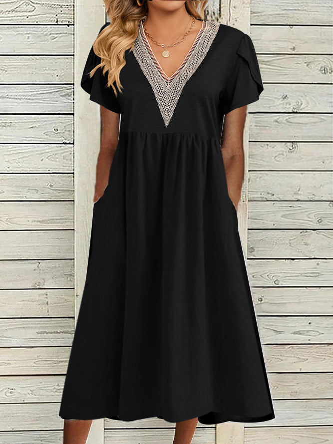 Vestito da donna Valstrend elegante con scollo a V e dettagli in pizzo, ideale per occasioni speciali.