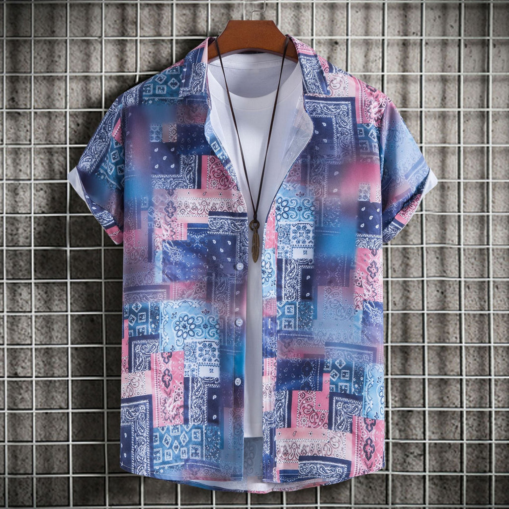 Camicia uomo slim fit con stampa a maniche corte, moda uomo Valstrend, tessuto leggero e design moderno.