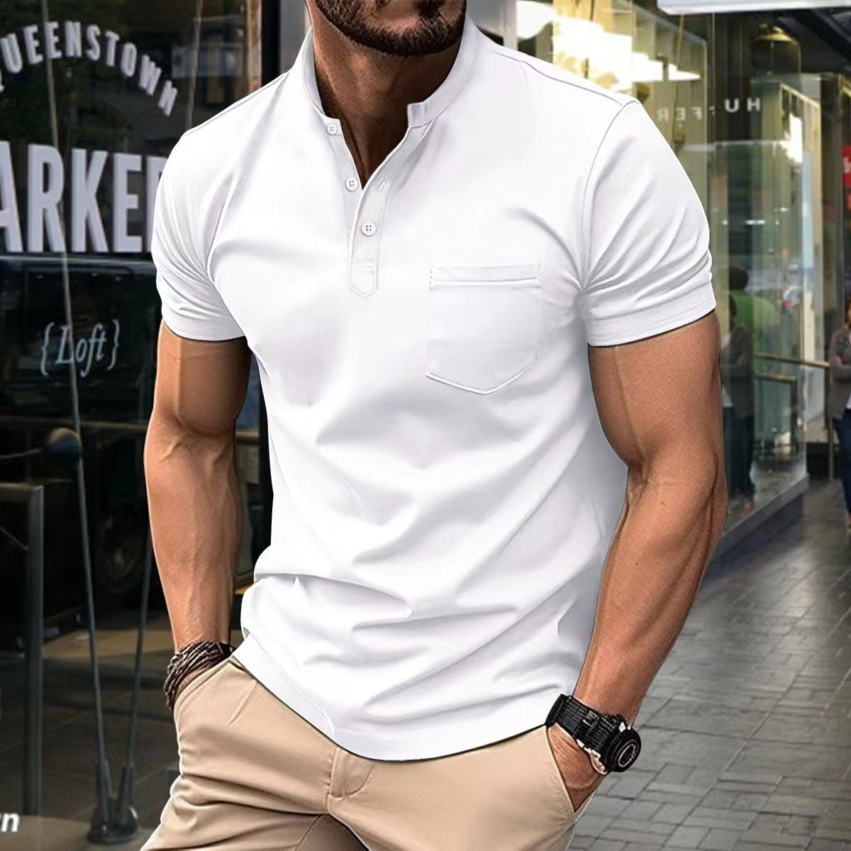 Maglietta polo estiva Valstrend shop con collo a V e bottoni, stile europeo e americano, tessuto leggero e comodo.